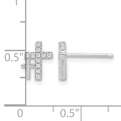 Sterling Silver Rhodium-plated Polished CZ Double Cross Post Earrings