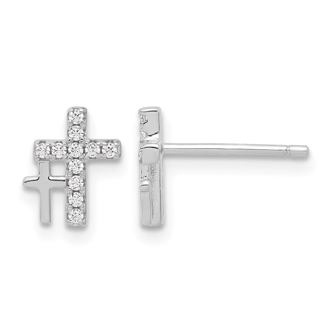 Sterling Silver Rhodium-plated Polished CZ Double Cross Post Earrings