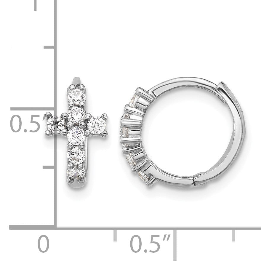 Sterling Silver RH-plated Polished CZ Cross Hinged Round Hoop Earrings