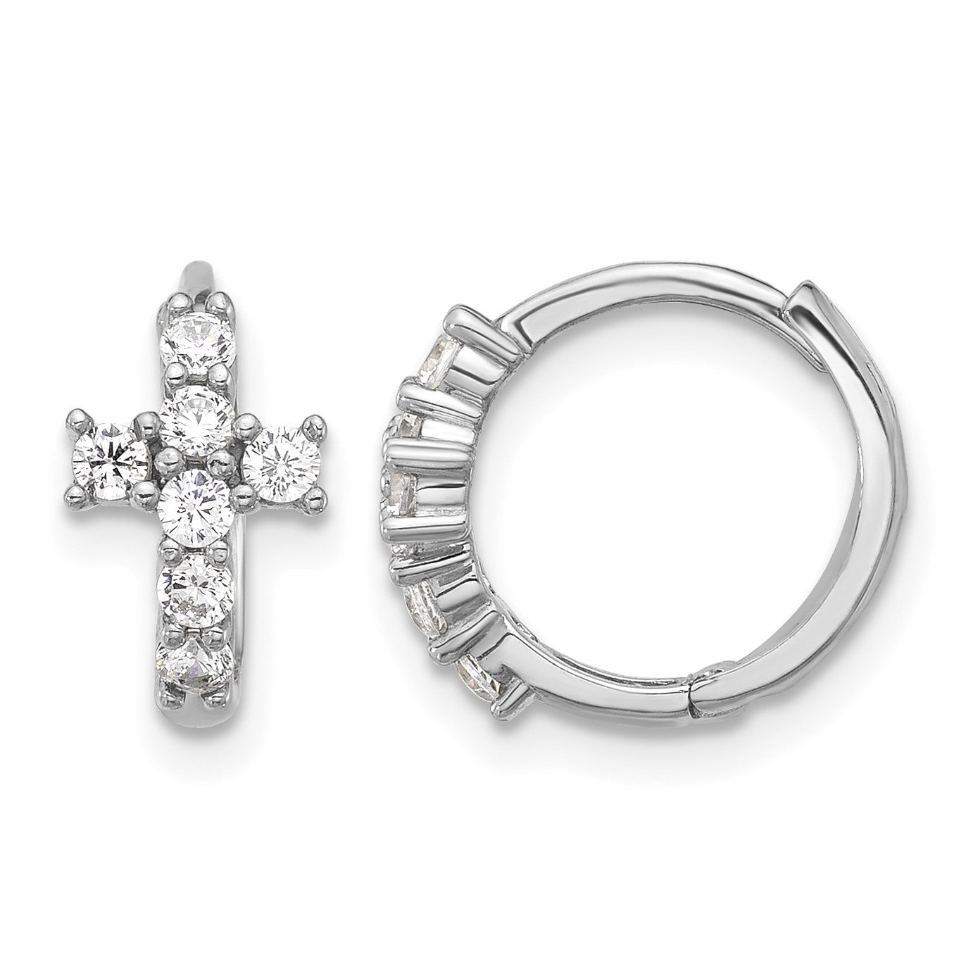 Sterling Silver RH-plated Polished CZ Cross Hinged Round Hoop Earrings