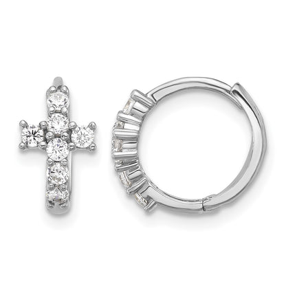 Sterling Silver RH-plated Polished CZ Cross Hinged Round Hoop Earrings
