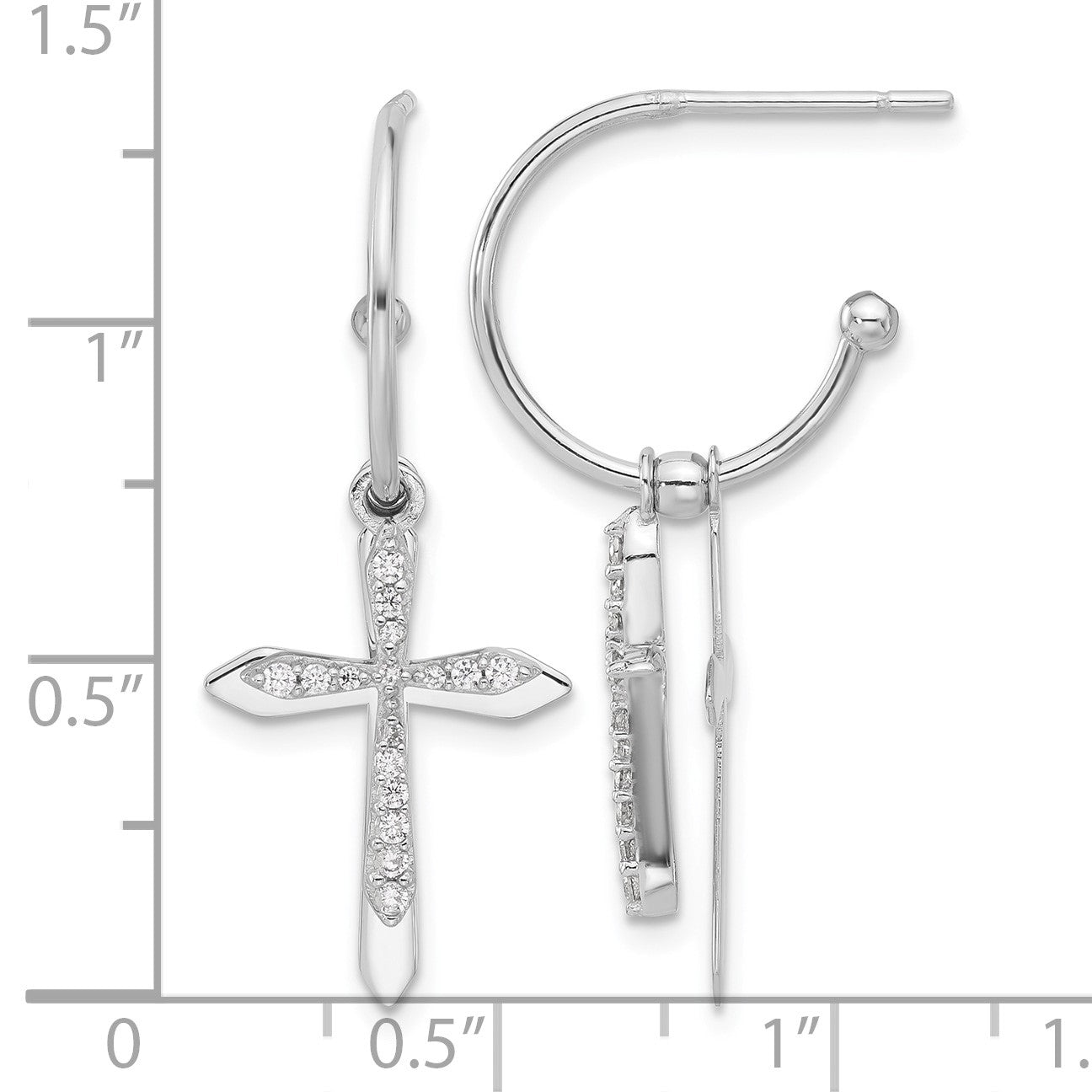 Sterling Silver Polished CZ Cross Dangle Post C-Hoop Earrings