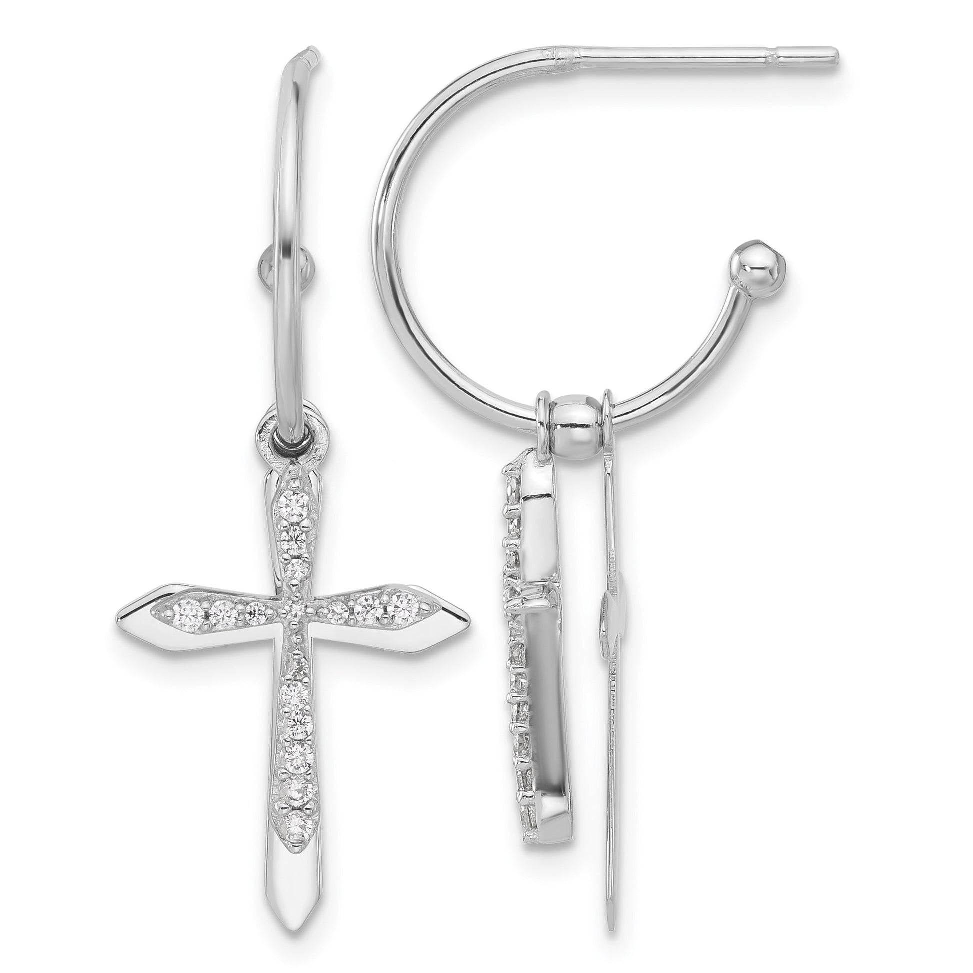 Sterling Silver Polished CZ Cross Dangle Post C-Hoop Earrings