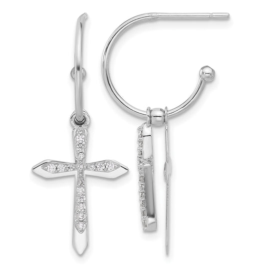 Sterling Silver Polished CZ Cross Dangle Post C-Hoop Earrings