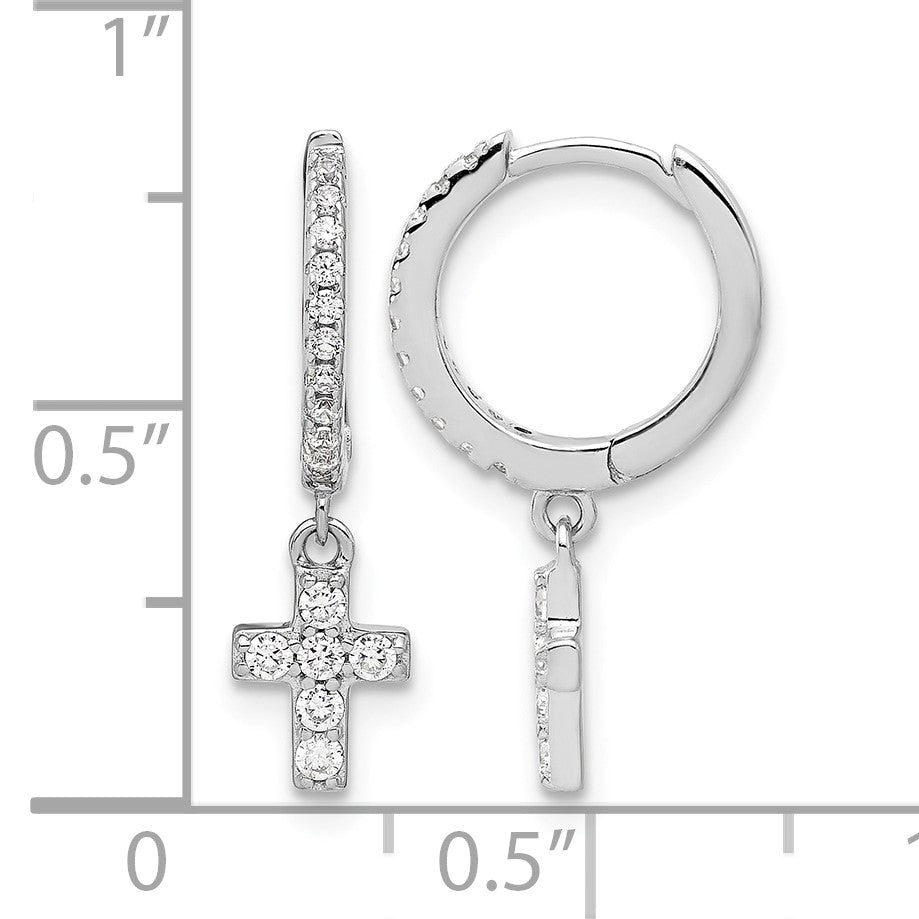 Sterling Silver RH-plated Polished CZ Cross Dangle Round Hoop Earrings