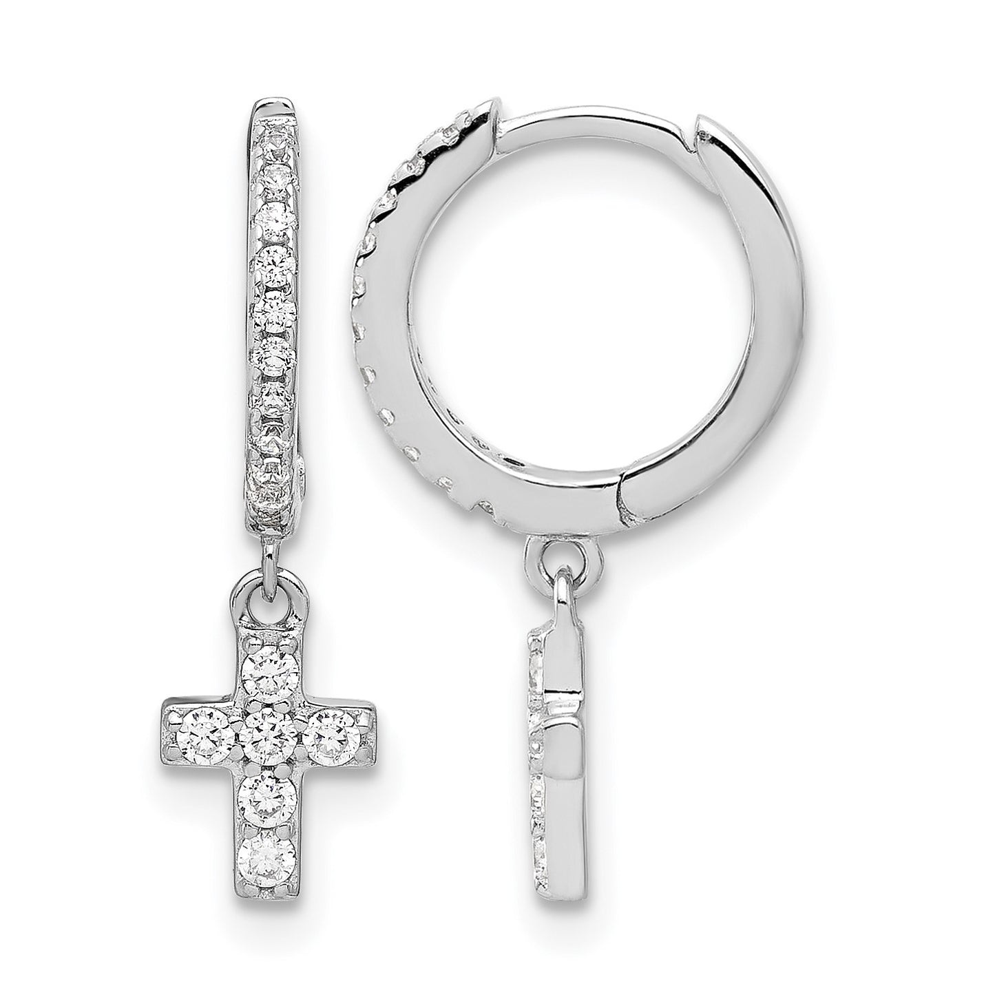 Sterling Silver RH-plated Polished CZ Cross Dangle Round Hoop Earrings