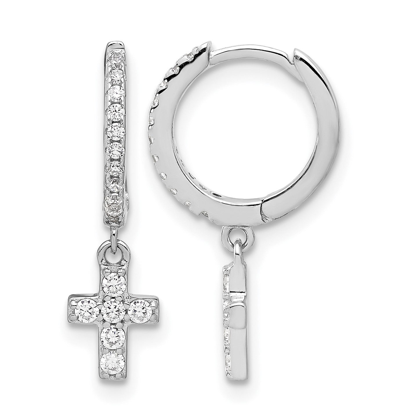 Sterling Silver RH-plated Polished CZ Cross Dangle Round Hoop Earrings