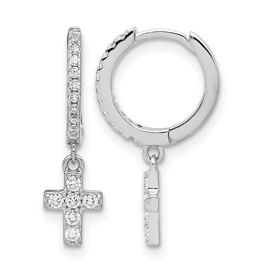Sterling Silver RH-plated Polished CZ Cross Dangle Round Hoop Earrings