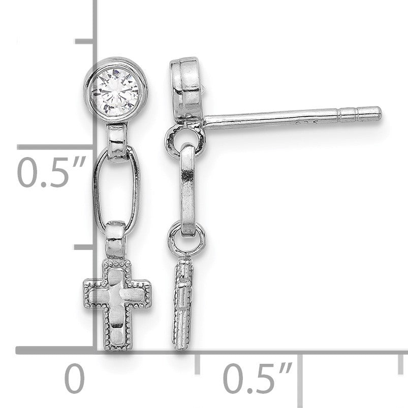 Sterling Silver RH-plated Polished & Textured CZ Cross Post Dangle Earrings