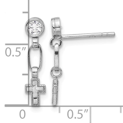 Sterling Silver RH-plated Polished & Textured CZ Cross Post Dangle Earrings