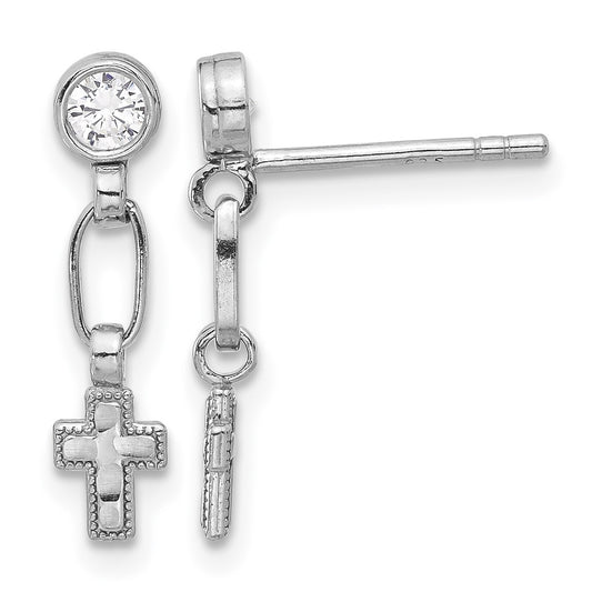 Sterling Silver RH-plated Polished & Textured CZ Cross Post Dangle Earrings