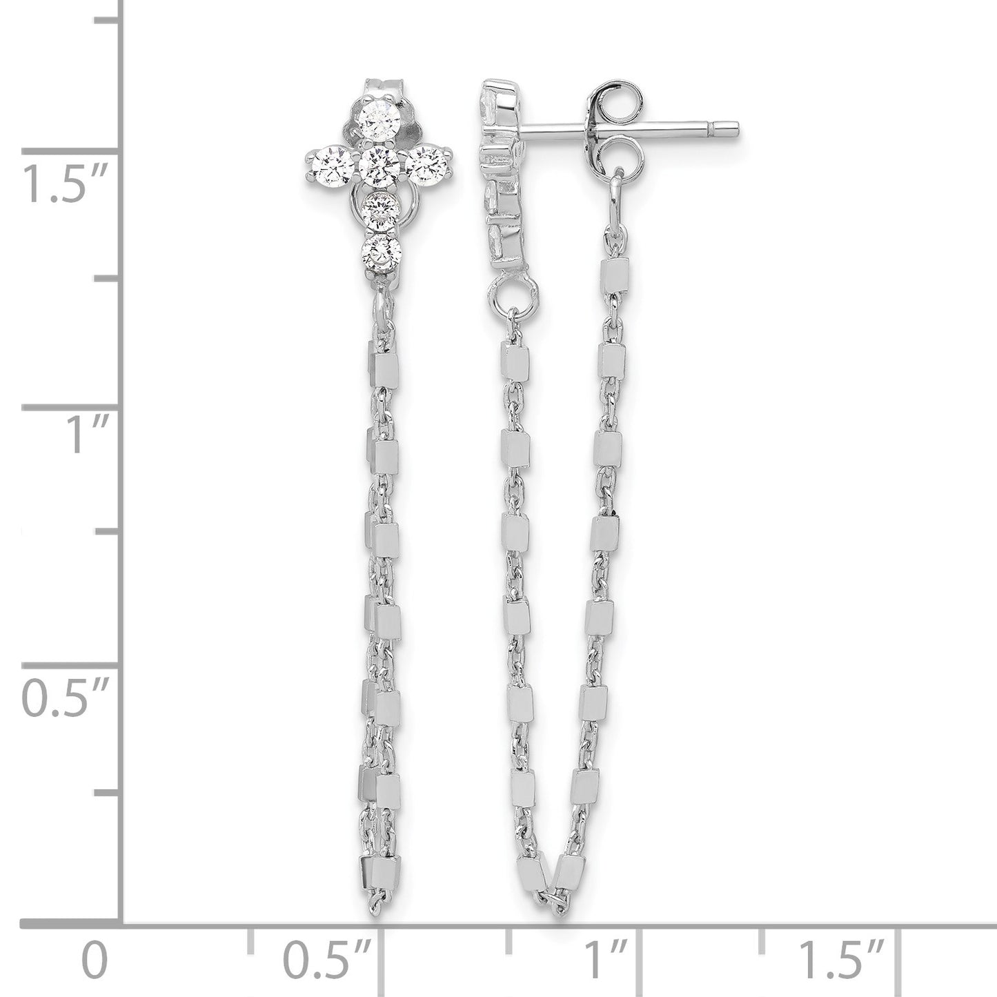 Sterling Silver RH-pltd CZ Cross w/Chain Front & Back Post Dangle Earrings