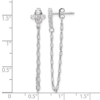 Sterling Silver RH-pltd CZ Cross w/Chain Front & Back Post Dangle Earrings