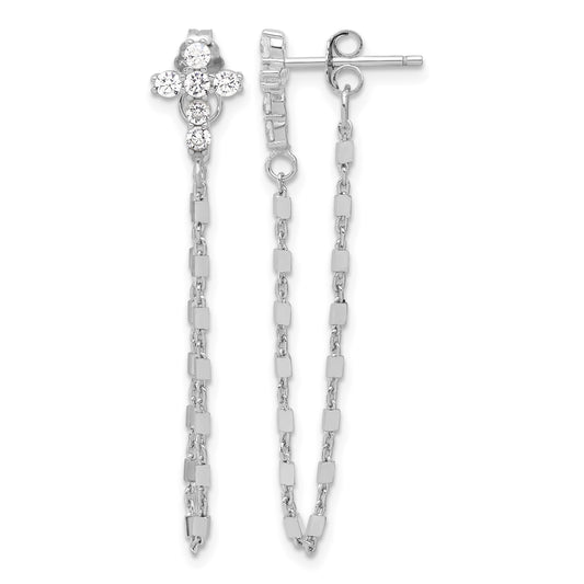 Sterling Silver RH-pltd CZ Cross w/Chain Front & Back Post Dangle Earrings