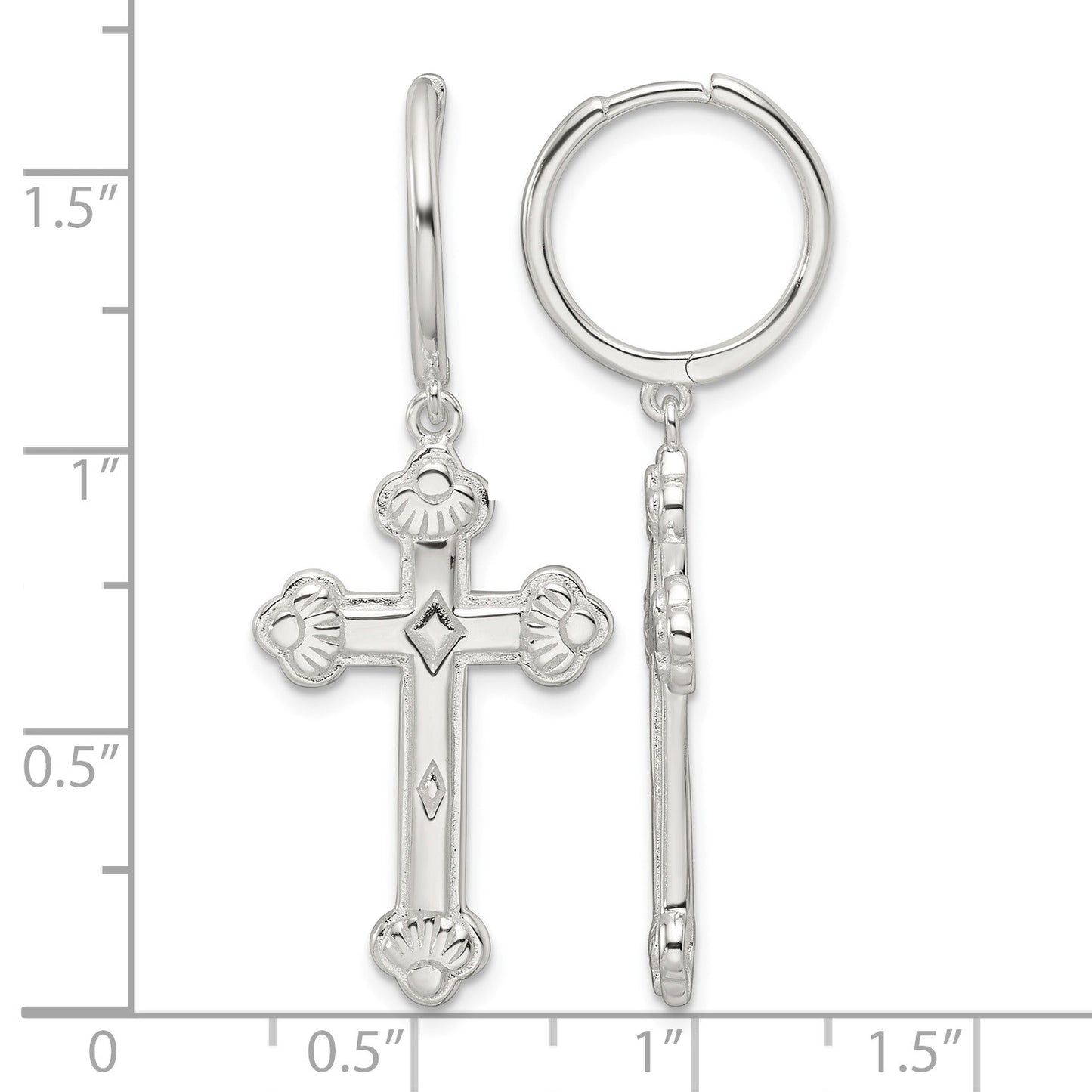 Sterling Silver E-Coating Polished Dangle Cross Round Hoop Earrings