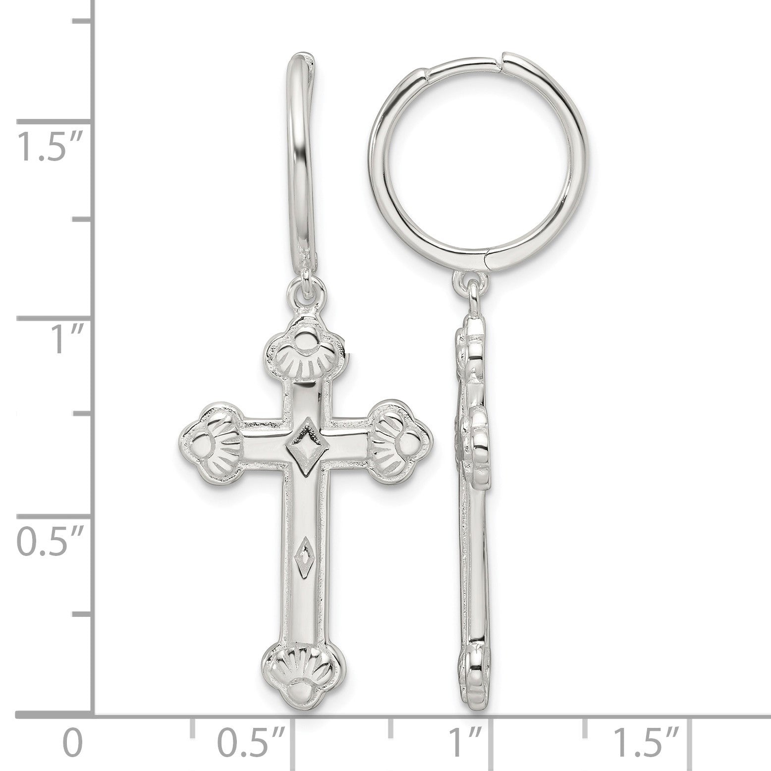 Sterling Silver E-Coating Polished Dangle Cross Round Hoop Earrings