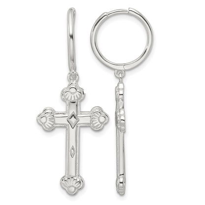 Sterling Silver E-Coating Polished Dangle Cross Round Hoop Earrings
