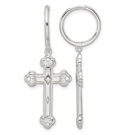 Sterling Silver E-Coating Polished Dangle Cross Round Hoop Earrings