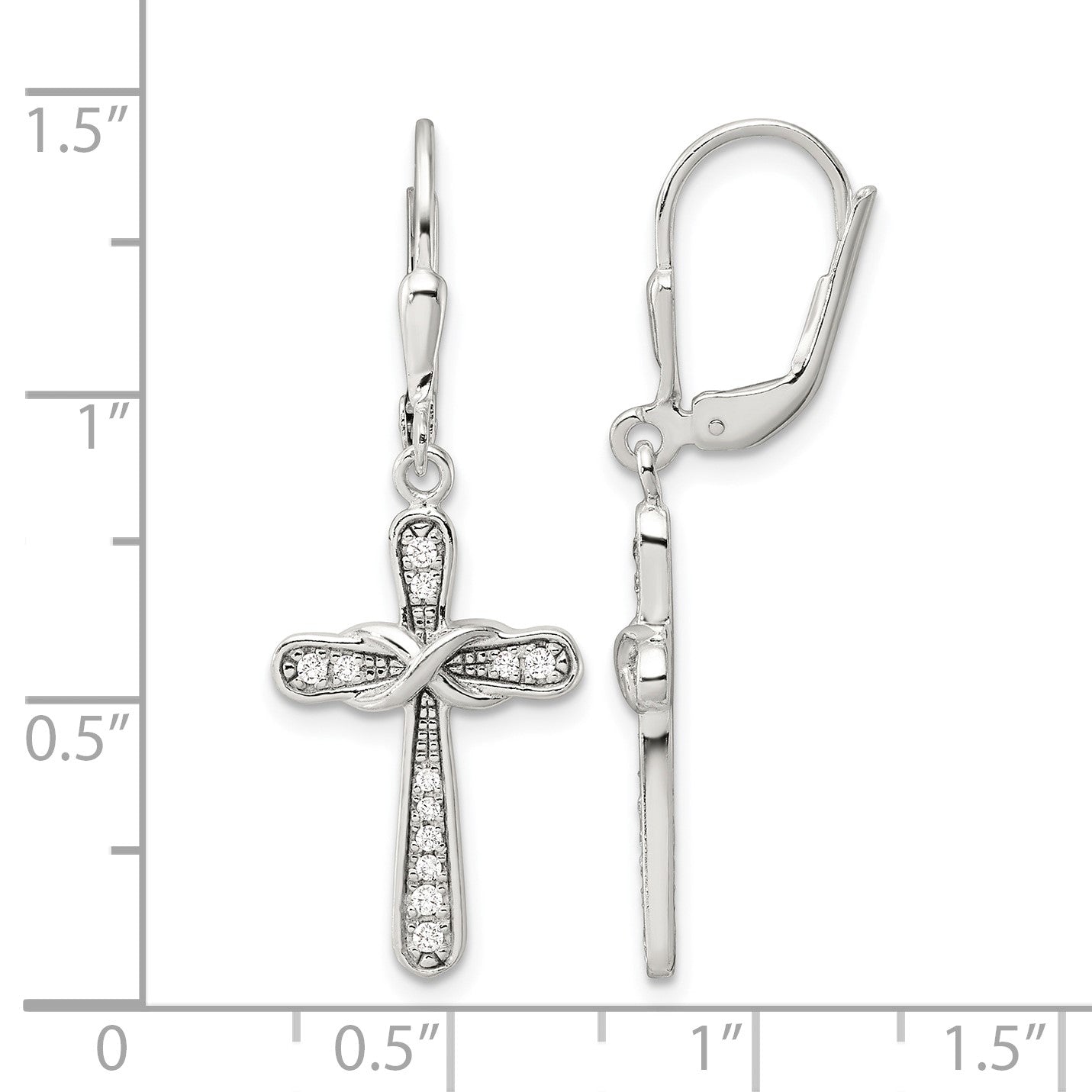 Sterling Silver Polished CZ Infinity Cross Leverback Dangle Earrings