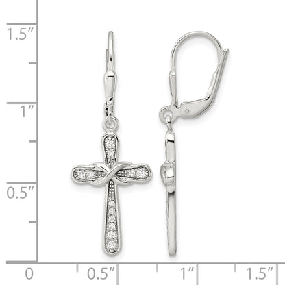 Sterling Silver Polished CZ Infinity Cross Leverback Dangle Earrings