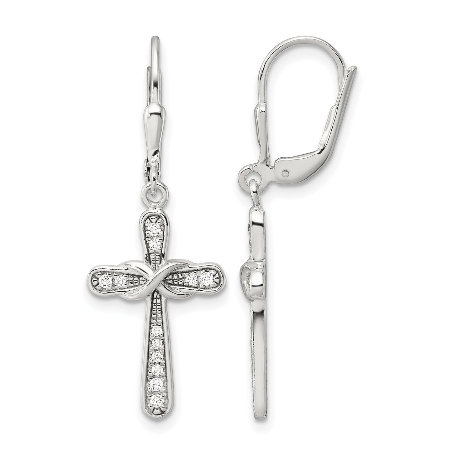 Sterling Silver Polished CZ Infinity Cross Leverback Dangle Earrings