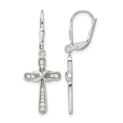 Sterling Silver Polished CZ Infinity Cross Leverback Dangle Earrings