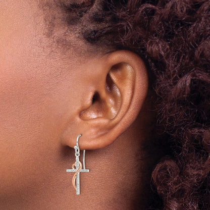 Sterling Silver & Rose-tone Polished CZ Heart Cross Dangle Earrings