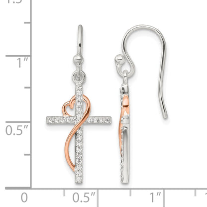 Sterling Silver & Rose-tone Polished CZ Heart Cross Dangle Earrings