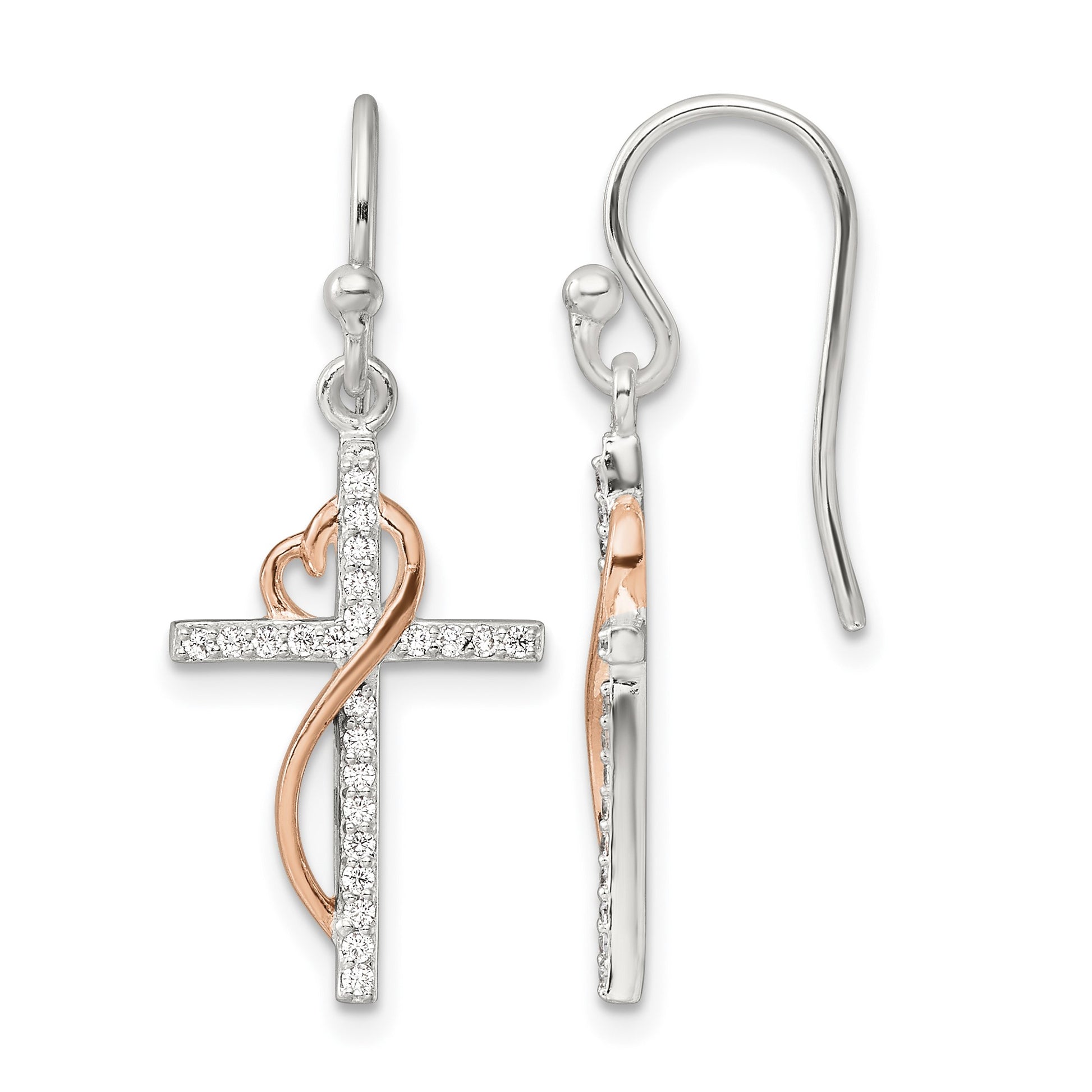Sterling Silver & Rose-tone Polished CZ Heart Cross Dangle Earrings