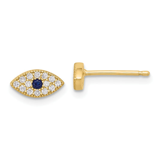 Sterling Silver Gold-tone CZ & Synthetic Blue Spinel Evil Eye Post Earrings