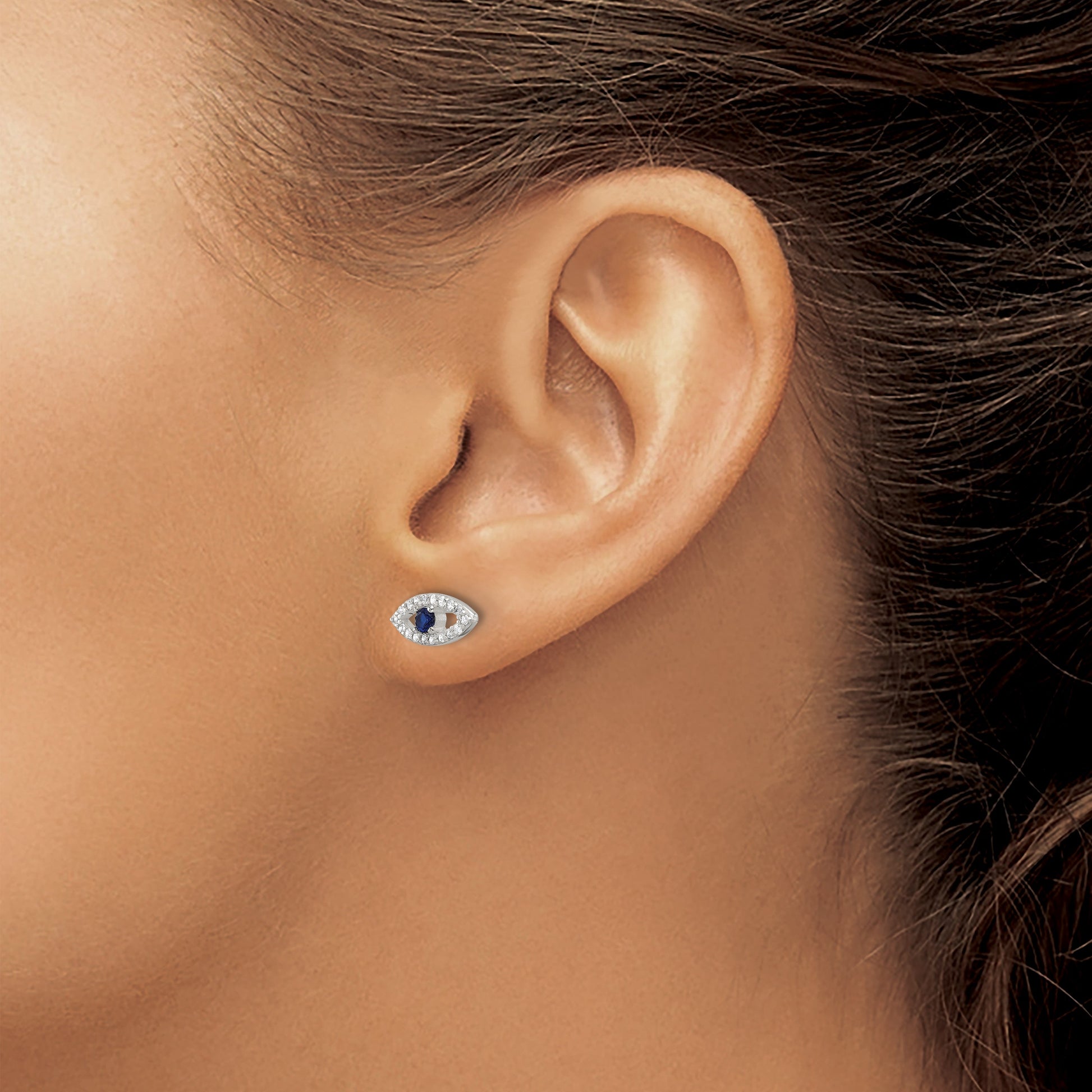 Sterling Silver E-Coating Polished Blue & White CZ Evil Eye Post Earrings