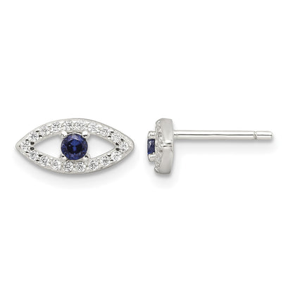 Sterling Silver E-Coating Polished Blue & White CZ Evil Eye Post Earrings