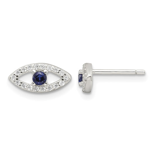 Sterling Silver E-Coating Polished Blue & White CZ Evil Eye Post Earrings