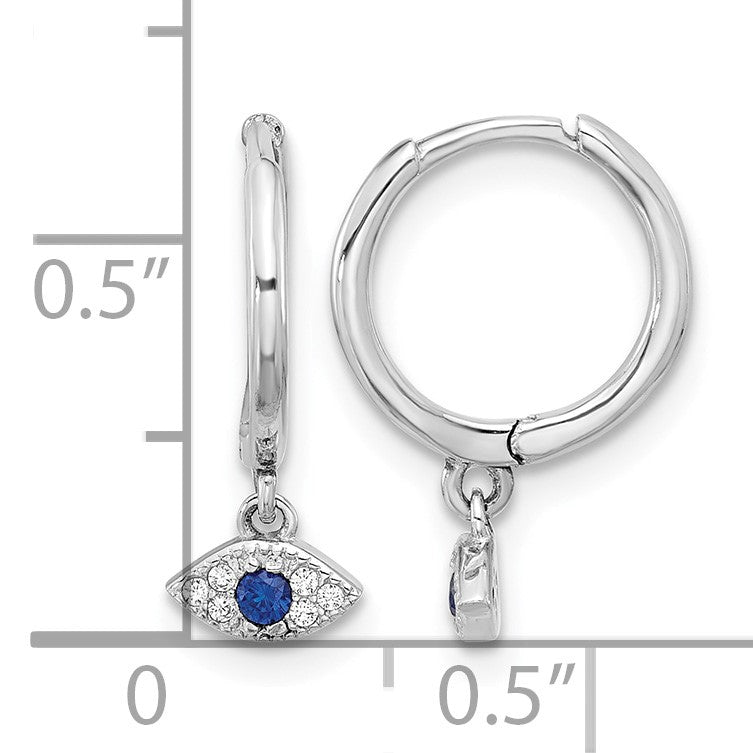 Sterling Silver RH-plated Blue & White CZ Evil Eye Dangle Hoop Earrings