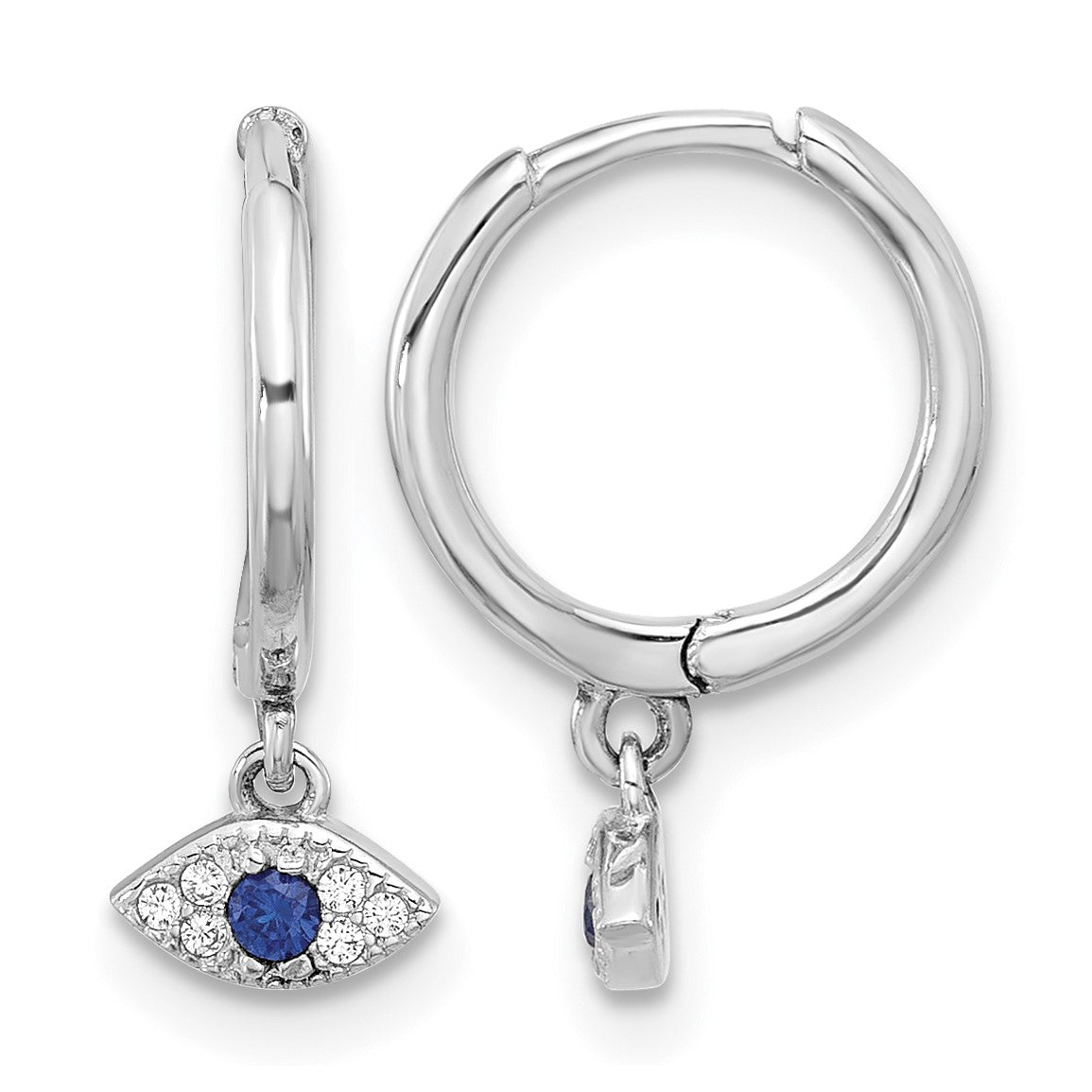 Sterling Silver RH-plated Blue & White CZ Evil Eye Dangle Hoop Earrings