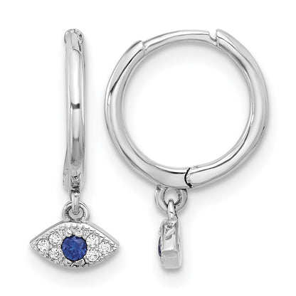 Sterling Silver RH-plated Blue & White CZ Evil Eye Dangle Hoop Earrings