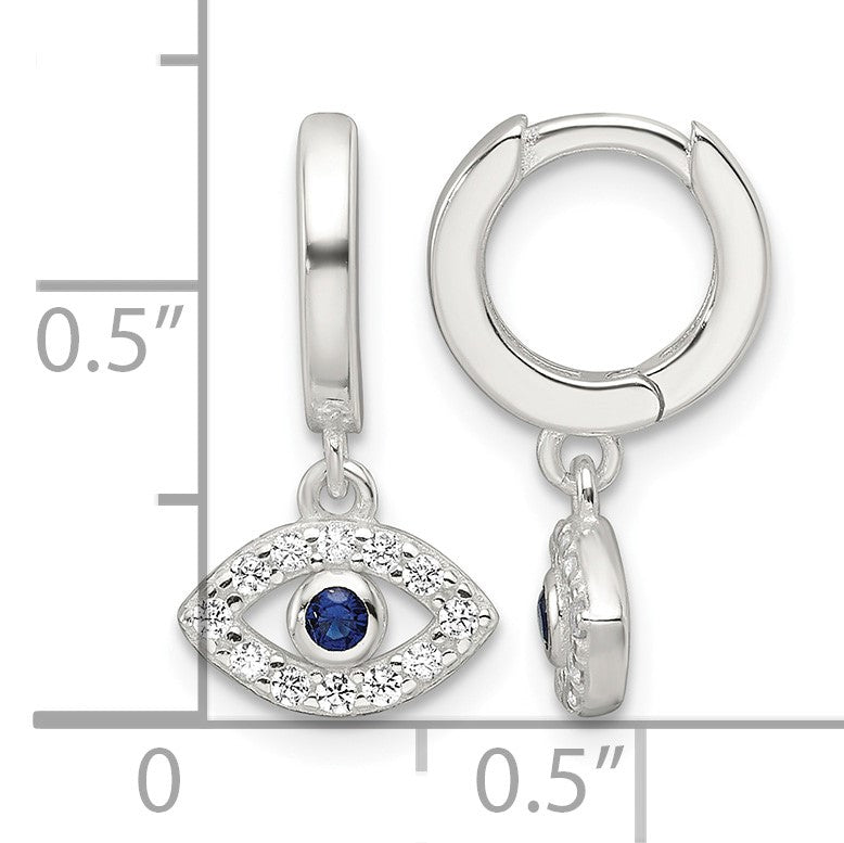 Sterling Silver E-Coating Blue & White CZ Evil Eye Dangle Hoop Earrings