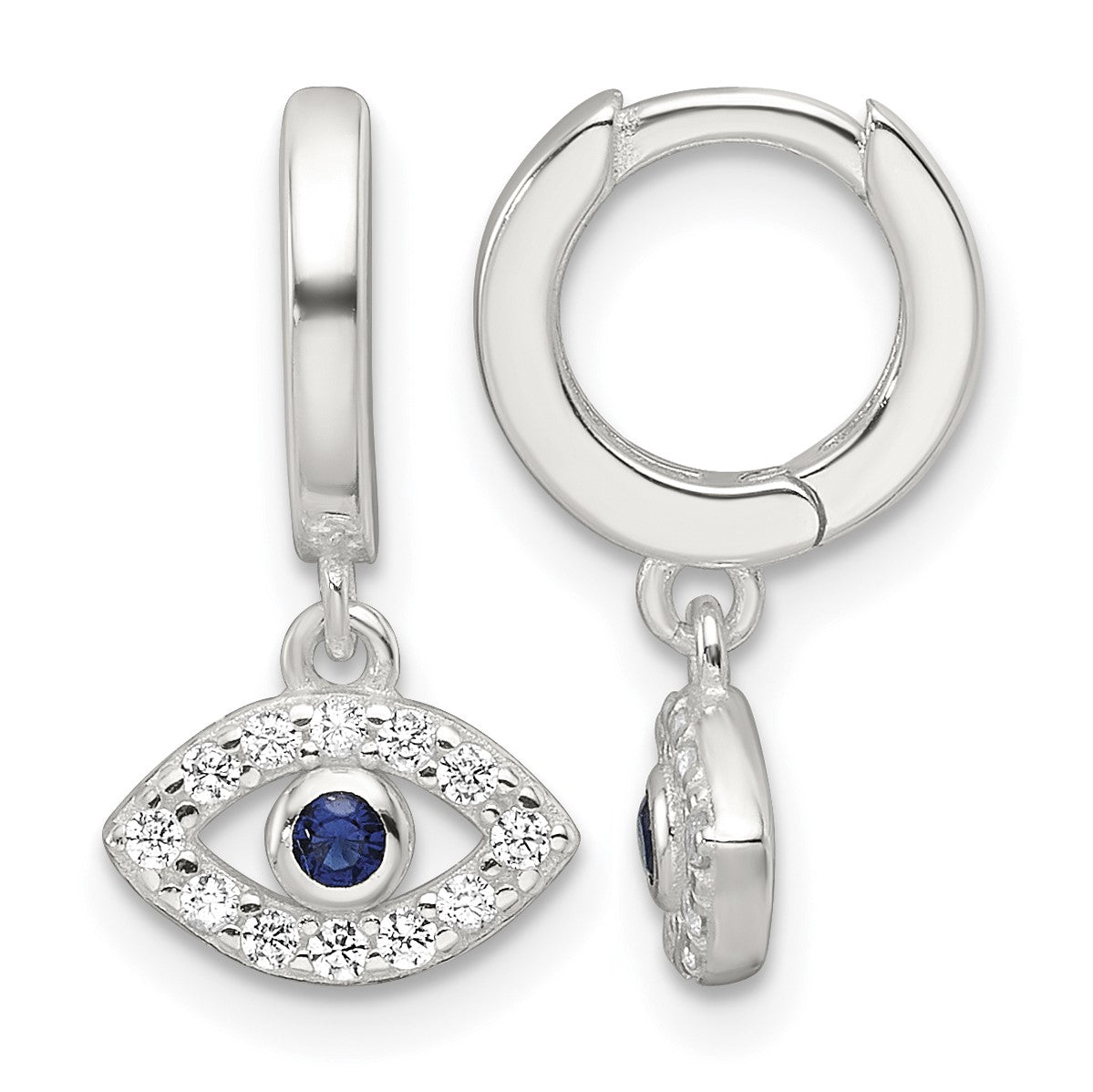 Sterling Silver E-Coating Blue & White CZ Evil Eye Dangle Hoop Earrings