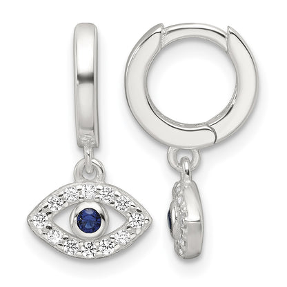 Sterling Silver E-Coating Blue & White CZ Evil Eye Dangle Hoop Earrings