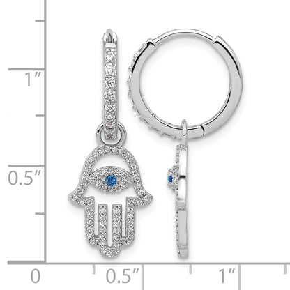 Sterling Silver RH-pltd Blue/White CZ Evil Eye Hamsa Dangle Hoop Earrings