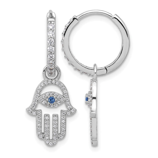 Sterling Silver RH-pltd Blue/White CZ Evil Eye Hamsa Dangle Hoop Earrings