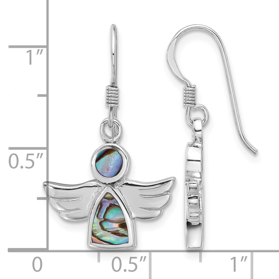Sterling Silver Rhodium-plated Polished Abalone Angel Dangle Earrings