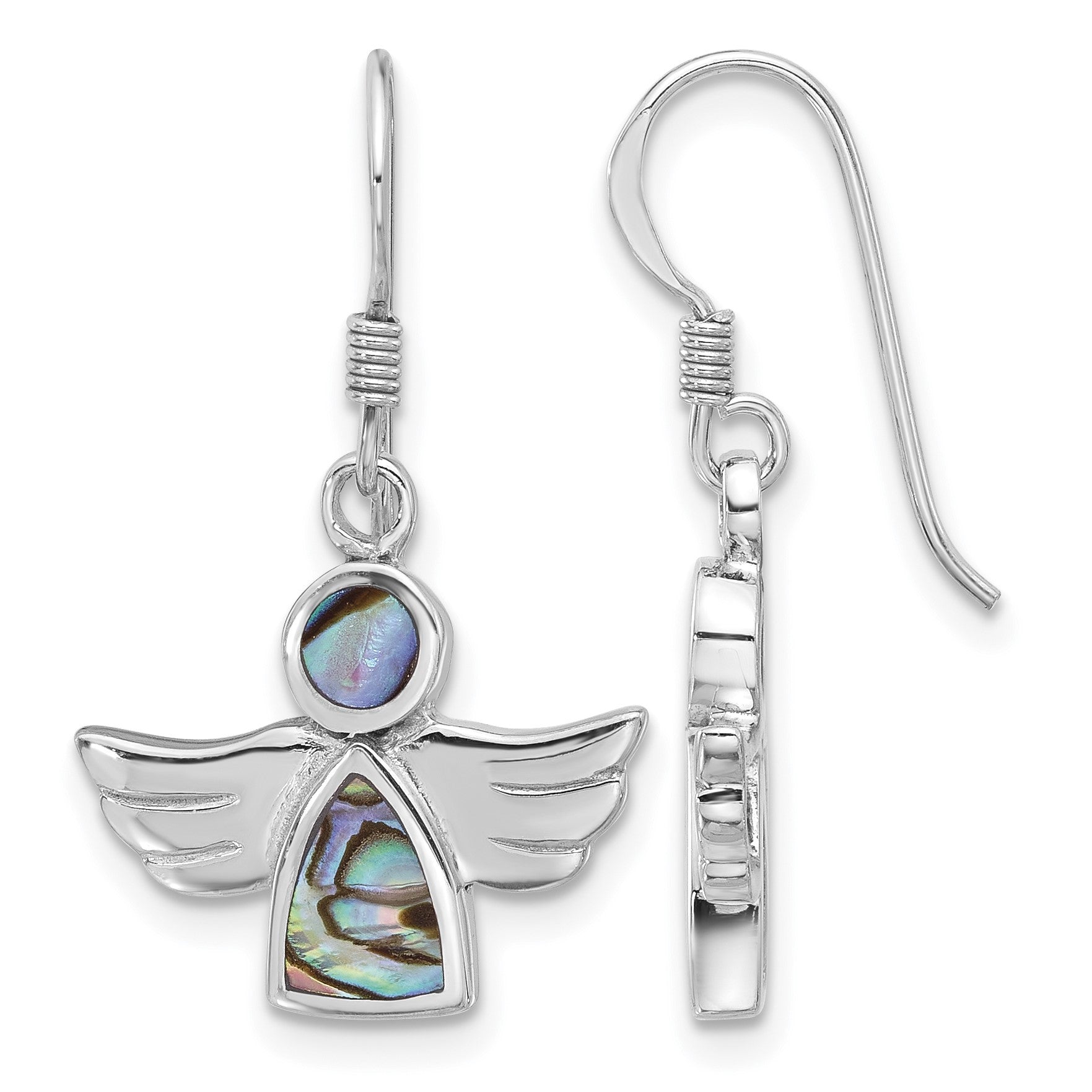 Sterling Silver Rhodium-plated Polished Abalone Angel Dangle Earrings