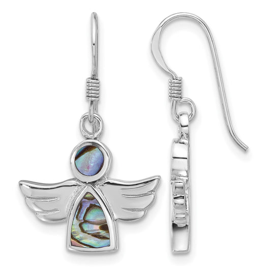 Sterling Silver Rhodium-plated Polished Abalone Angel Dangle Earrings