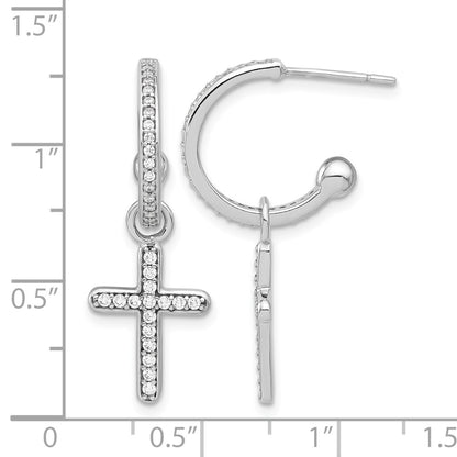 Sterling Silver Polished CZ Dangle Cross Post C-Hoop Earrings