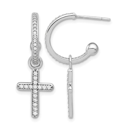 Sterling Silver Polished CZ Dangle Cross Post C-Hoop Earrings