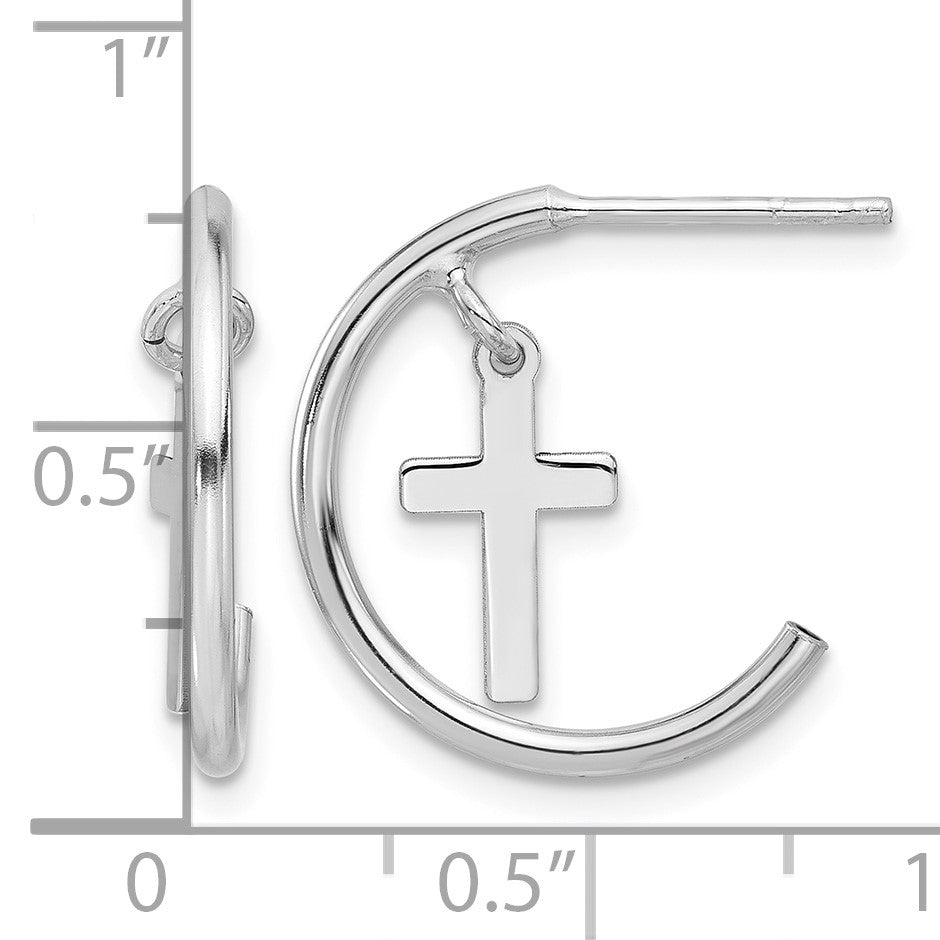 Sterling Silver Rhodium-plated Polished Cross Dangle Post C-Hoop Earrings