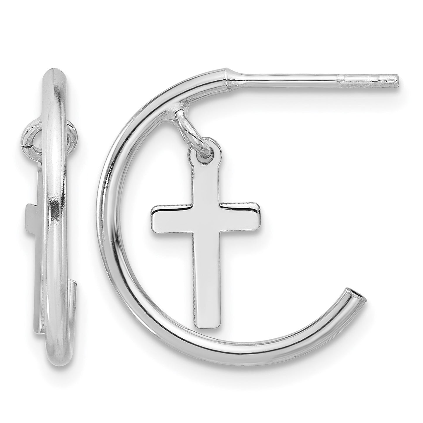 Sterling Silver Rhodium-plated Polished Cross Dangle Post C-Hoop Earrings