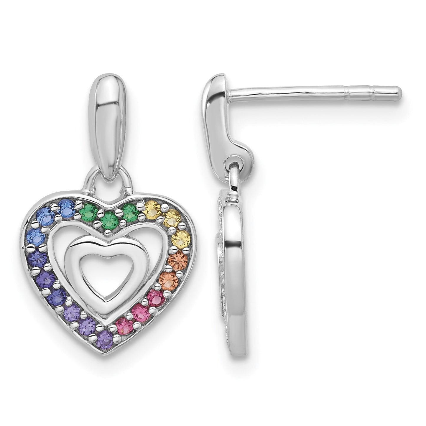 Sterling Silver Rhodium-plated Polished Multi-color Crystal Double Heart Children's Post Dangle Earrings