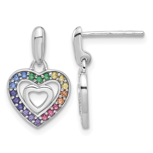 Sterling Silver Rhodium-plated Polished Multi-color Crystal Double Heart Children's Post Dangle Earrings
